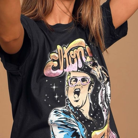 NWOT DAYDREAMER Revolve Ash Black Neon Elton John On Stage Boyfriend Tee XS NEW - Picture 5 of 11
